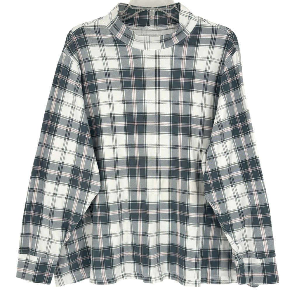 Lands End Blue Plaid Mock Neck Long Sleeve Comfy Cotton Top Womens 3X Stretch